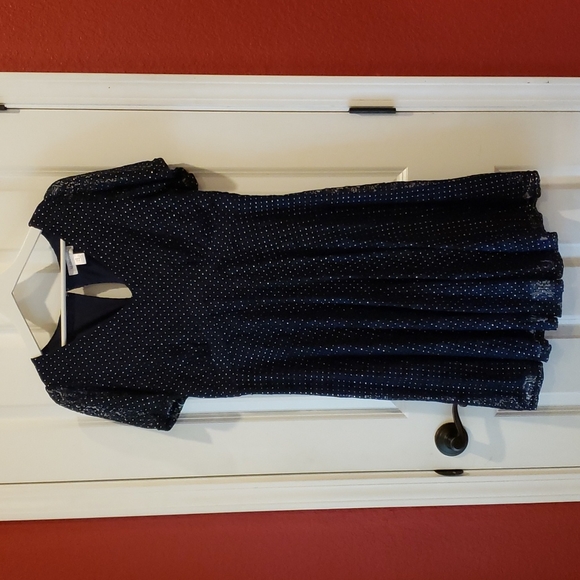 MOTHERHOOD Maternity Navy Blue & Gold Polka Dot Short Sleeve Lace Dress sz M - Picture 4 of 12